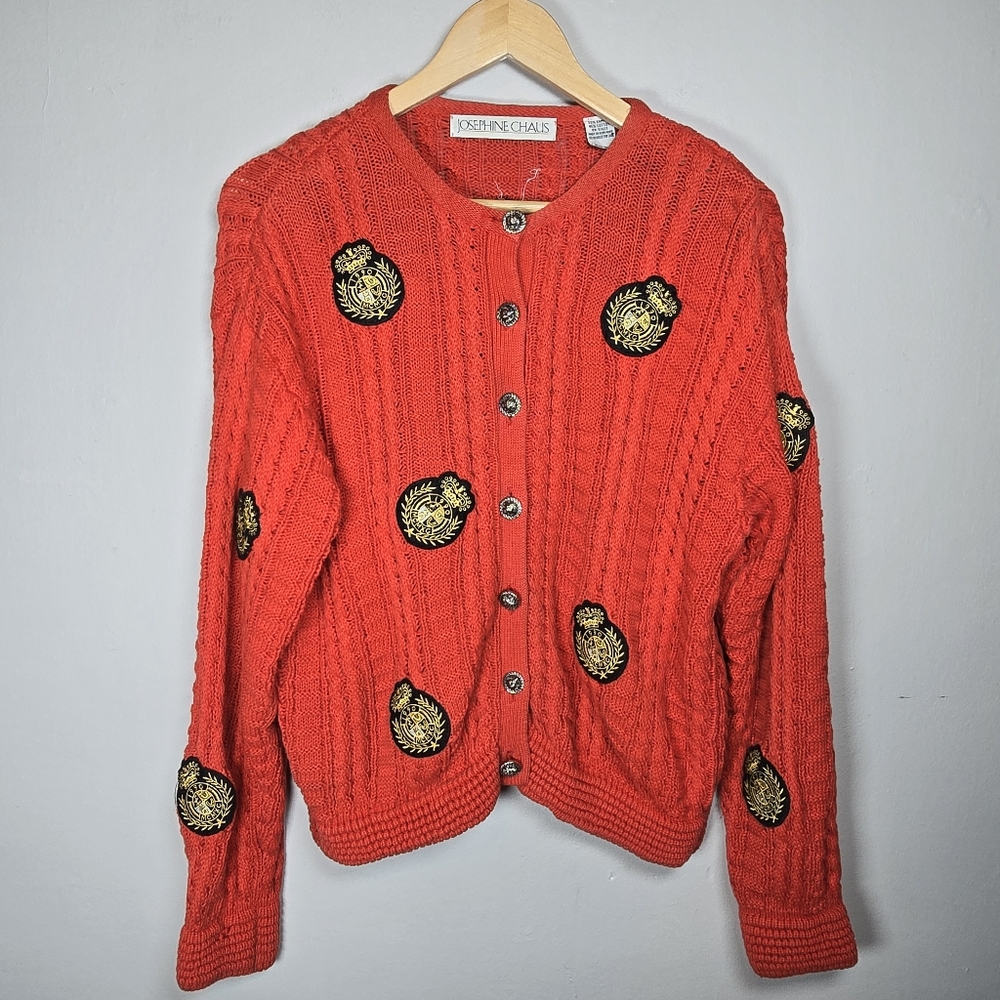 VTG Joesephine Chaus Button Up Chunky Knit Cardigan Sweater Patches Academia Red